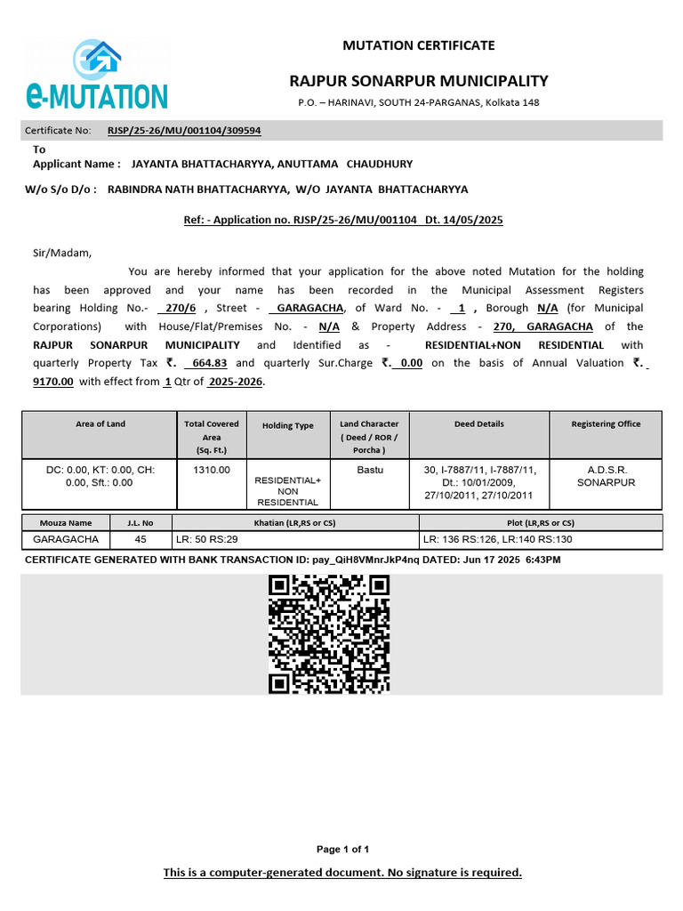 Mutation Certificate for Rajpur Sonarpur | PDF | Taxes | Government ...