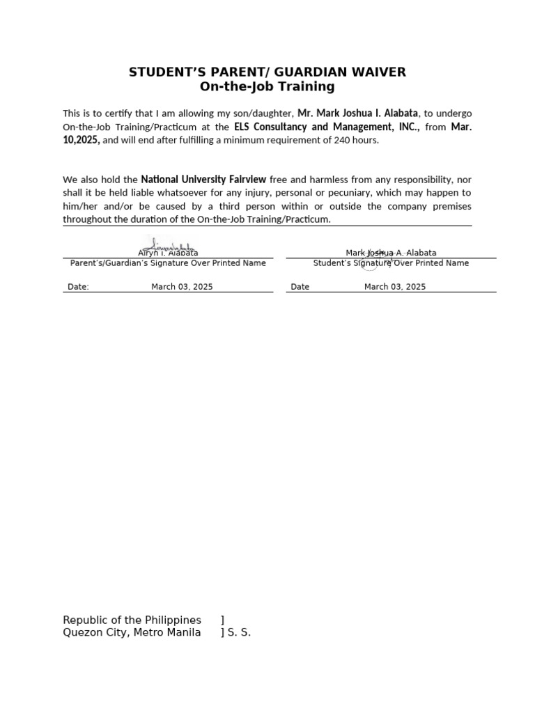 Student On-the-Job Training Waiver | PDF