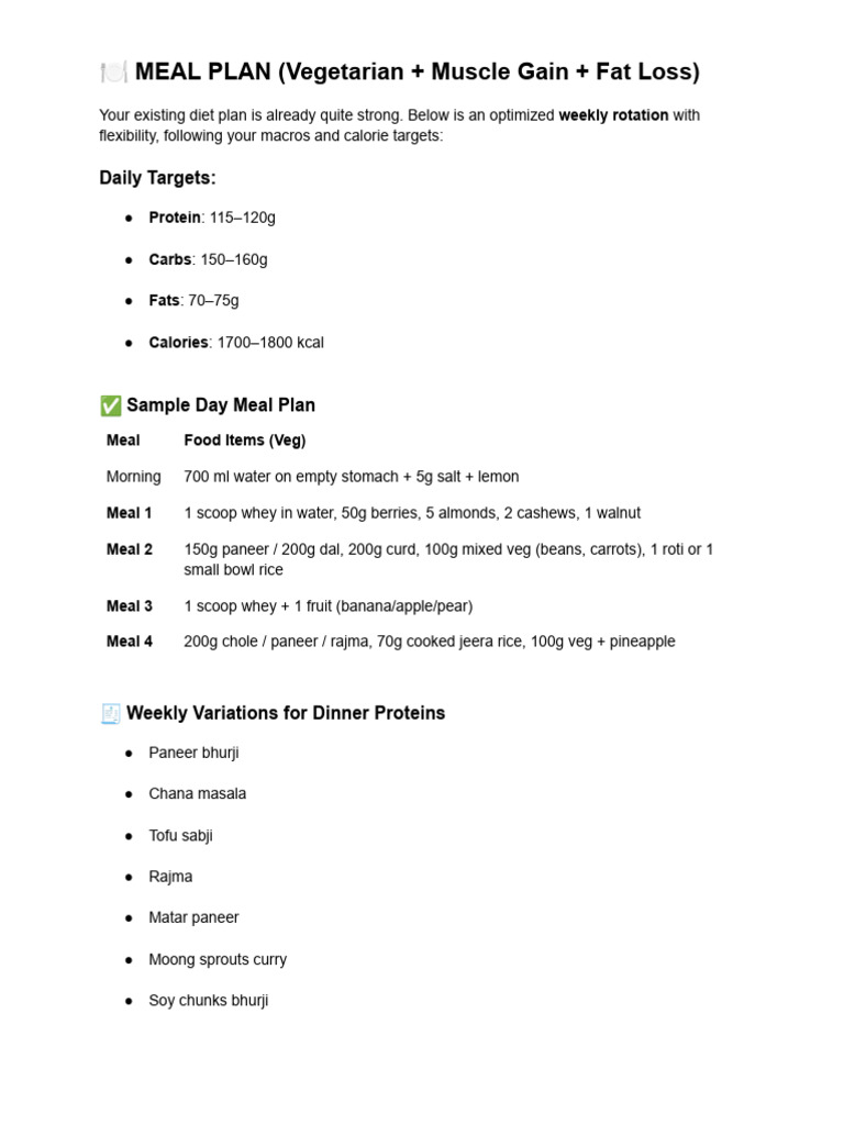 Vegetarian Meal Plan for Muscle Gain | PDF