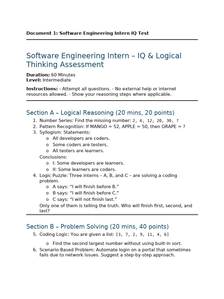 Software Engineering Intern IQ Test | PDF | Software Testing | Reason