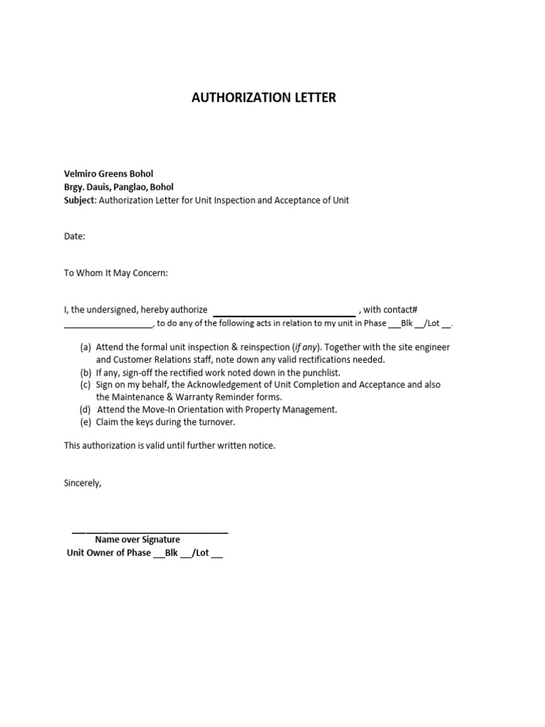 Authorization Letter for Unit Inspection | PDF