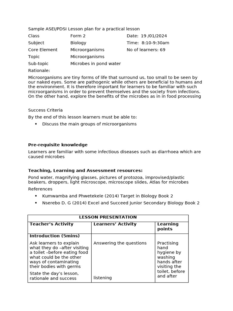 Sample ASEI - PDSI Lesson Plan | PDF | Microorganism | Infection