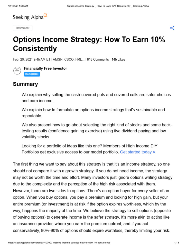 Options Income Strategy for 10% Returns | PDF | Option (Finance) | Put ...