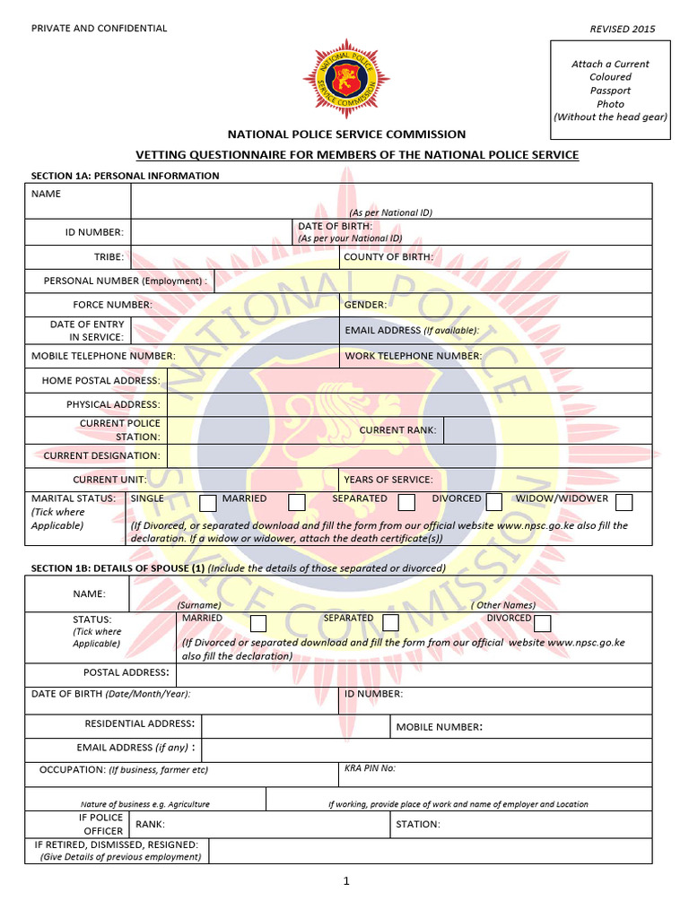National Police Service Vetting Questionnaire | PDF | Diploma | Justice