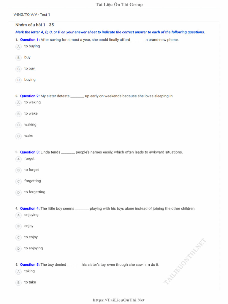 V Ing To V V Test 1 | PDF