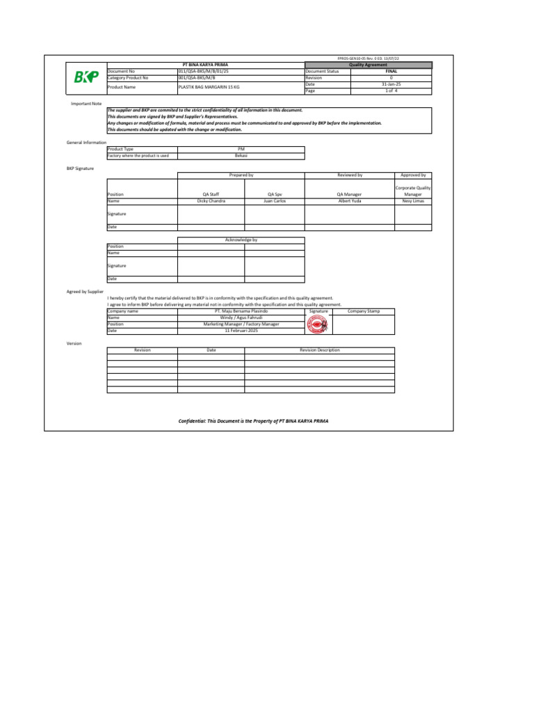 (TD) Form FPROS-GEN10-05 - Quality Spec Agreement Plastik Bag Margarine ...