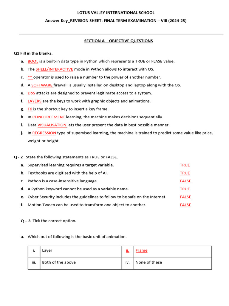 Final Exam Answer Key for VIII Grade | PDF | Python (Programming ...