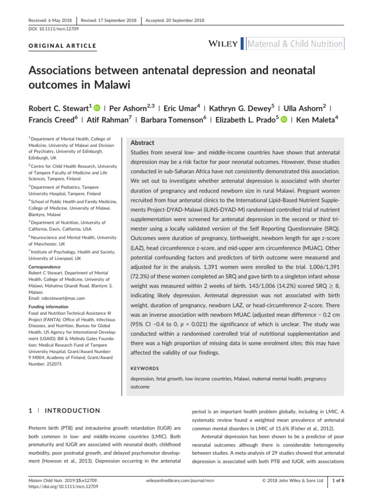 Antenatal Depression and Neonatal Outcomes in Malawi | PDF | Prenatal ...