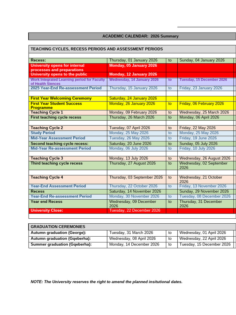 CPUT Academic Calendar 2026 Summary | PDF | Academic Term | Observances