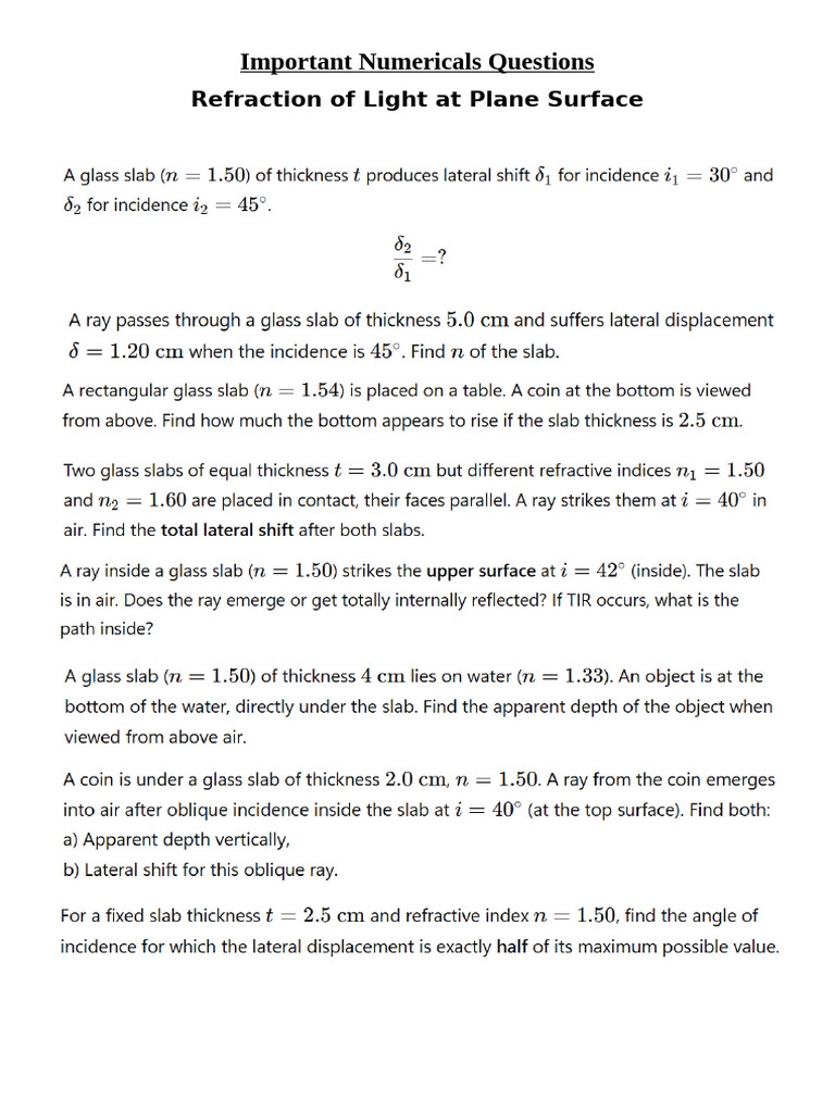 Refraction of Light at Plane Surface (Numericals) | PDF