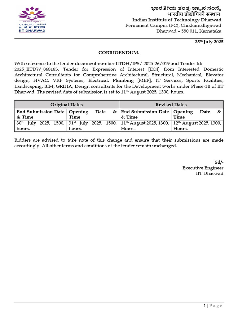 IIT Dharwad Tender Corrigendum Notice | PDF
