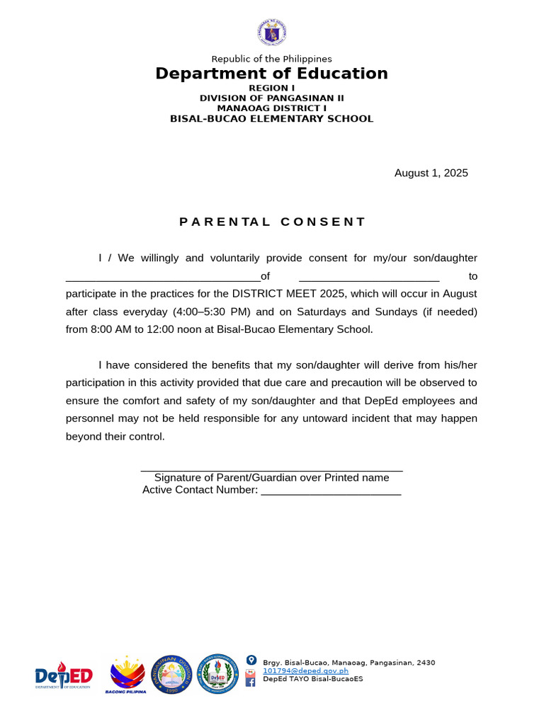 Parental Consent for District Meet 2025 | PDF