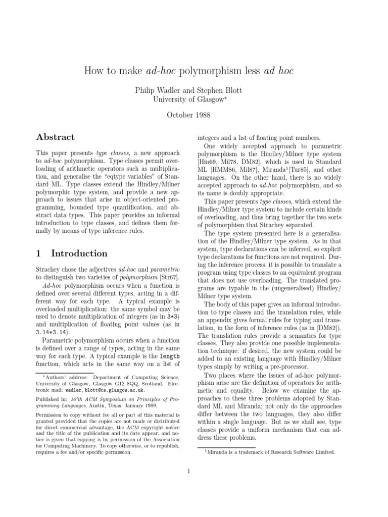 Type Classes: Enhancing Ad-Hoc Polymorphism | PDF | Class (Computer ...