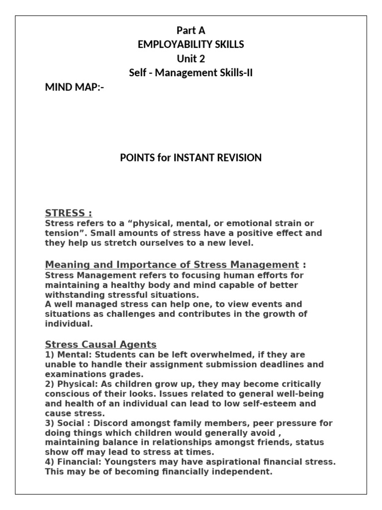Part A Unit 2 Self Management Skills Class 10 | PDF | Emotional Self ...