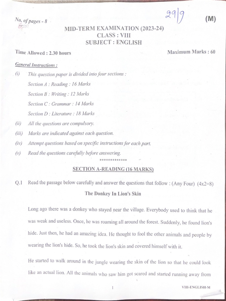 Previous Year Paper 2, Class 8th | PDF