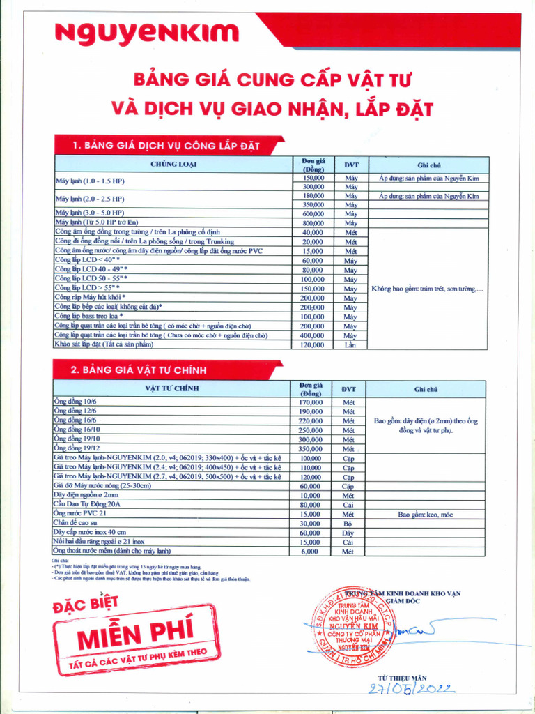 Bảng Giá Dịch Vụ Lắp Đặt 27 05 2022 | PDF