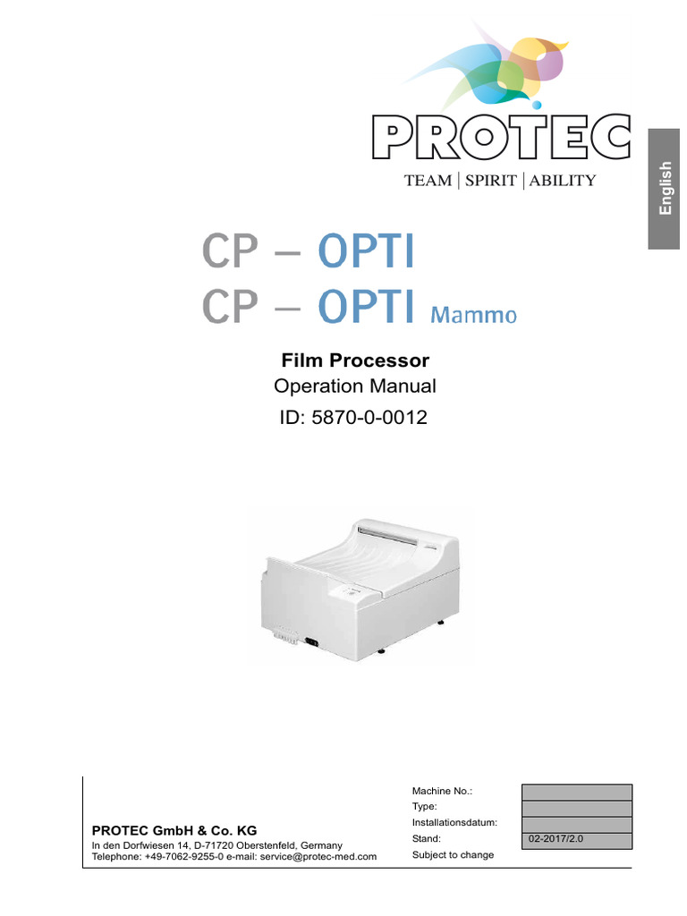 CP-OPTI Film Processor Operation Manual | PDF | Pump | Water