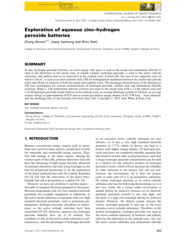 Study of Aqueous Zn-H2O2 Battery 2012 | PDF | Electrode | Anode