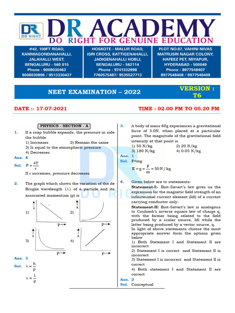 NEET 2022 Physics Exam Questions | PDF | Refraction | Capacitance
