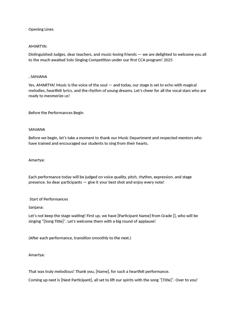 Anchoring Script for Singing Contest | PDF