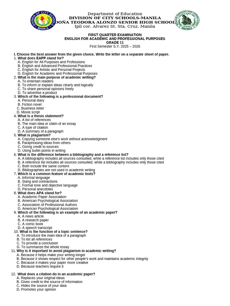 Grade 11 EAPP First Quarter Exam Guide | PDF | Essays | Causality