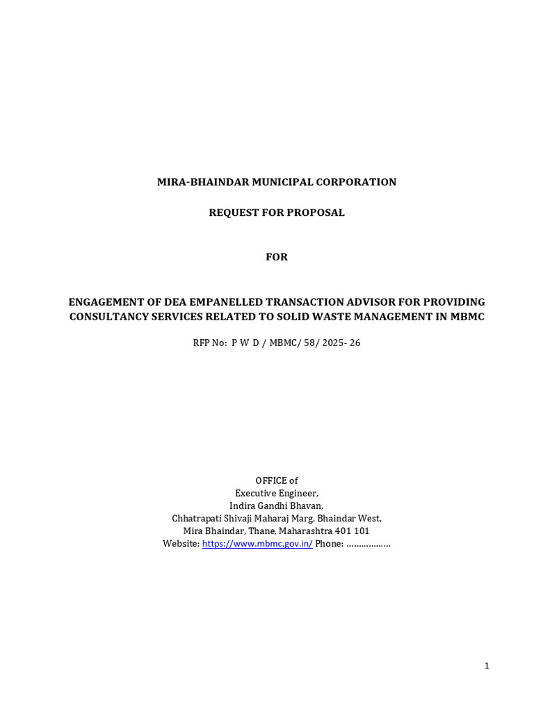 Mira-Bhaindar Municipal Corporation Request For Proposal: RFP No: P W D ...