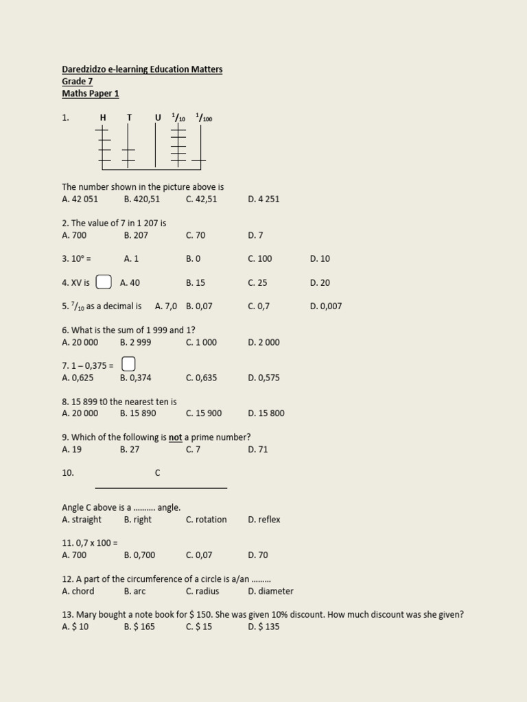 Grade 7 Maths Practice Paper | PDF | Circle | Euclidean Plane Geometry