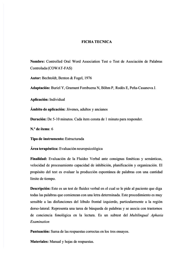 Test COWAT-FAS: Evaluación de Fluidez Verbal | PDF | Palabra | Memoria