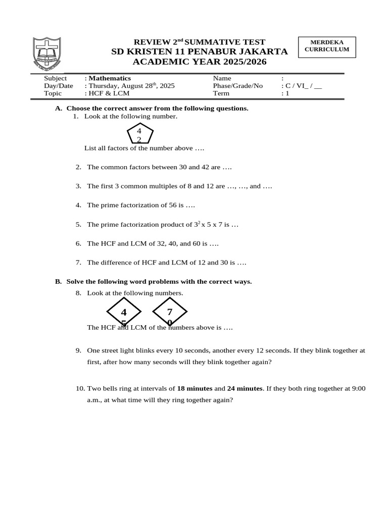 HCF & LCM Mathematics Test Review | PDF