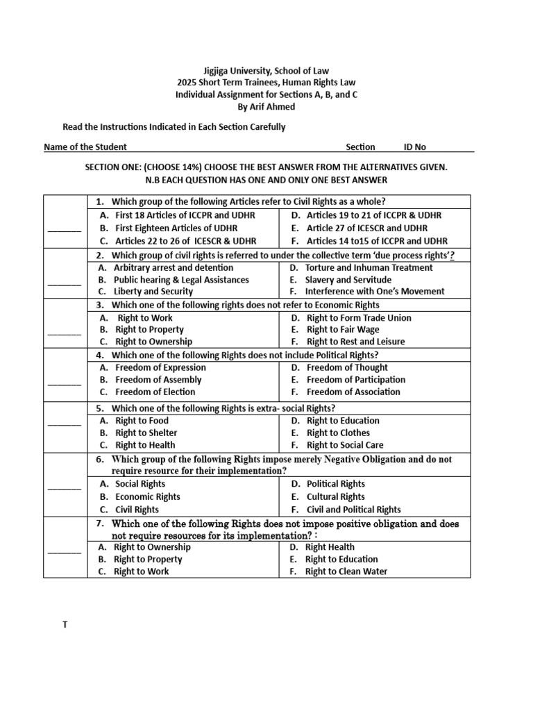Human Rights Law Assignment 2025 | PDF | Human Rights | Rights