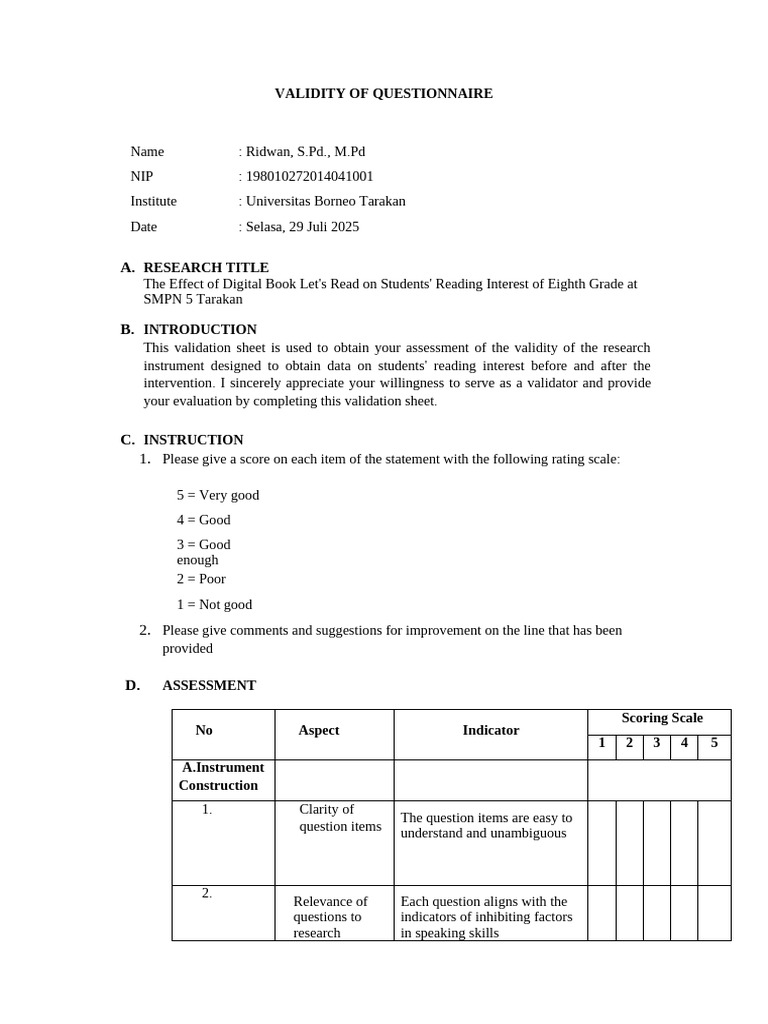 Validity Assessment of Reading Questionnaire | PDF | Validity ...