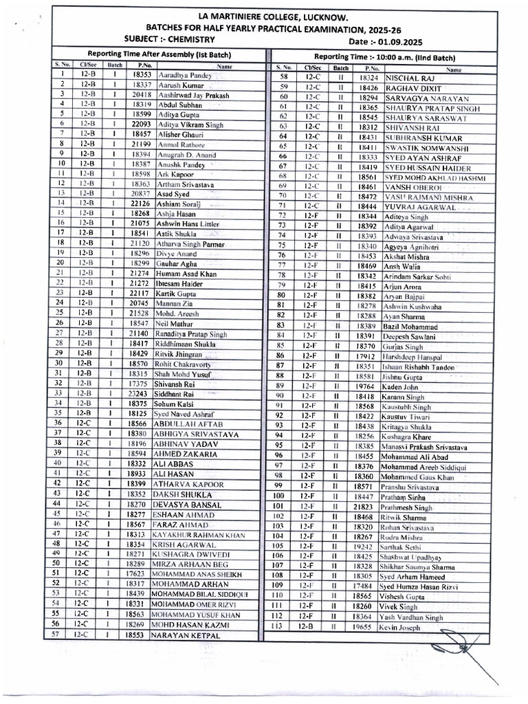 LMC Class 12 Batch List Practical Examination Sept. 2025 | PDF