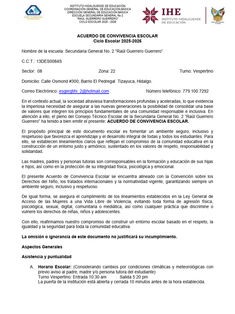 Acuerdo de Convivencia Escolar 2025-2026 | PDF | Escuelas | Violencia