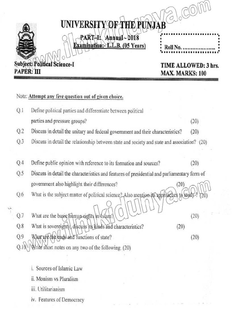 Past Paper LLB Part 1 For 5 Year Program Punjab University Political ...