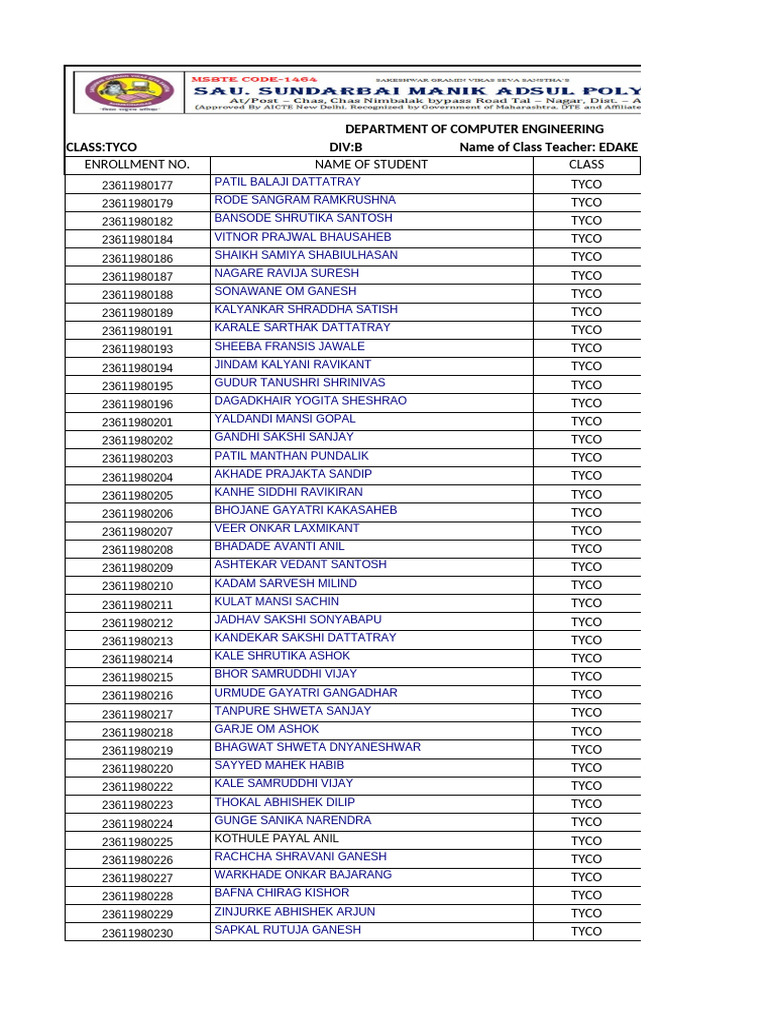 Computer Engineering Student Enrollment List | PDF