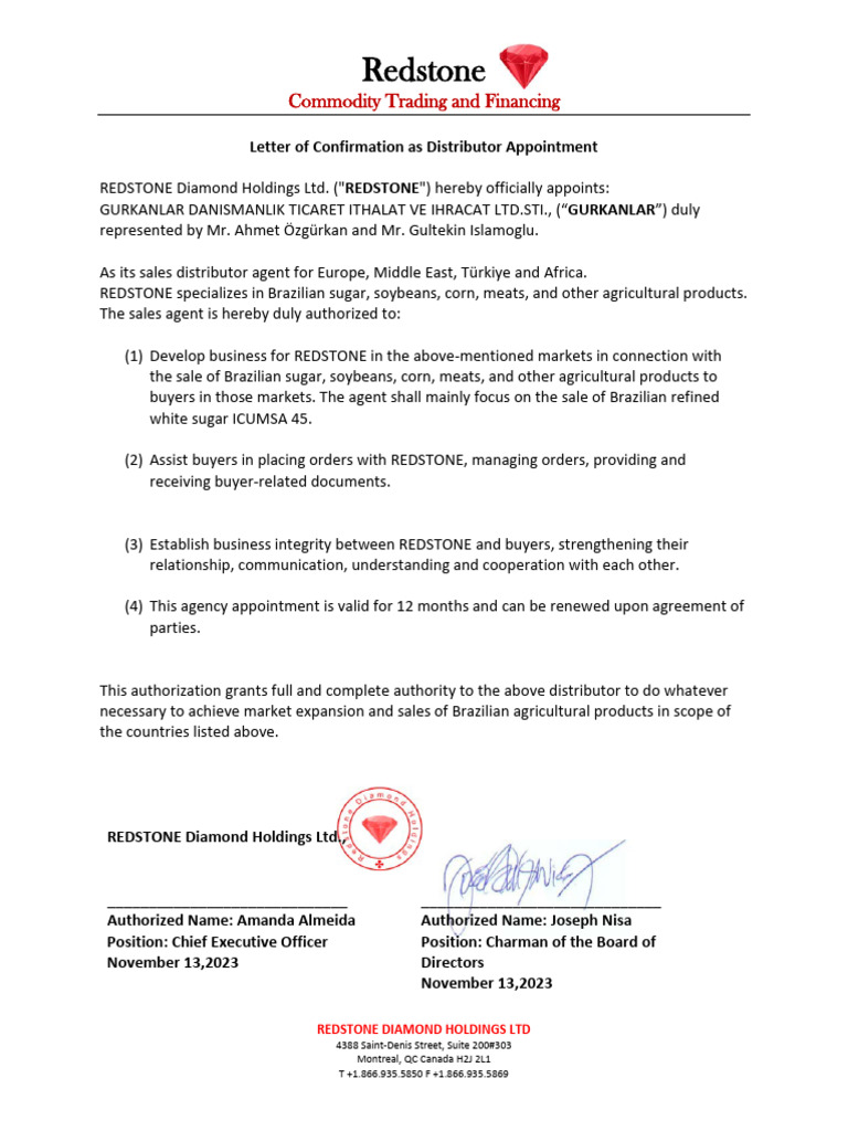 Distributor Appointment for REDSTONE | PDF