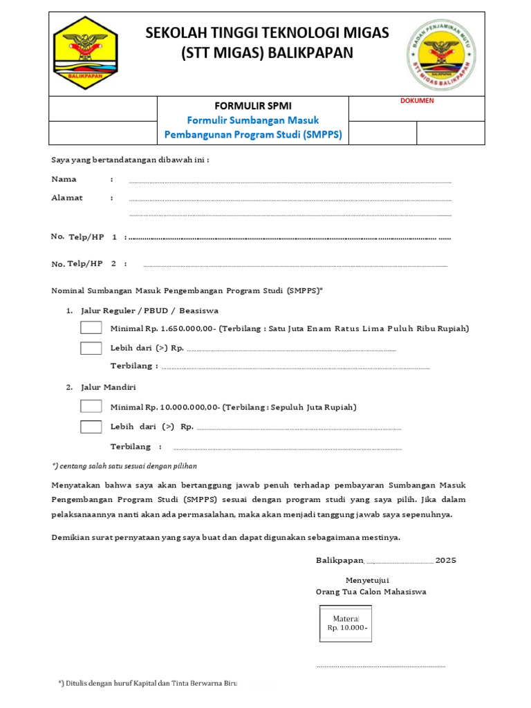 Formulir SPMI STT Migas Balikpapan | PDF
