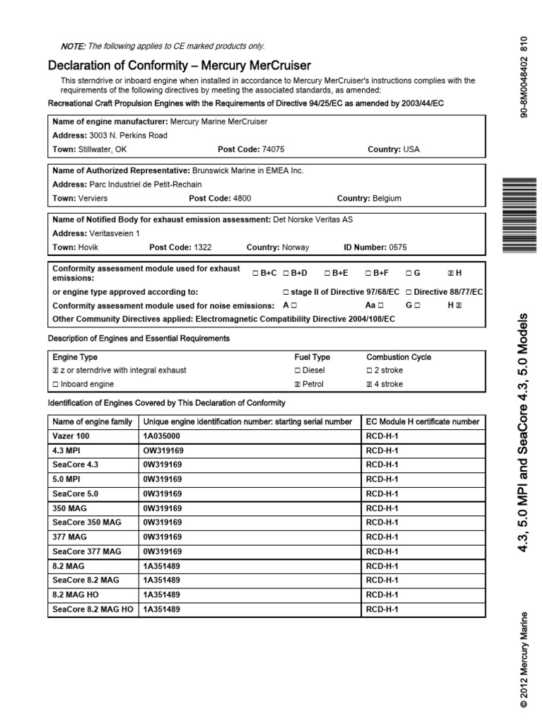 Declaration of Conformity - Mercury Mercruiser | PDF | Motor Oil | Engines