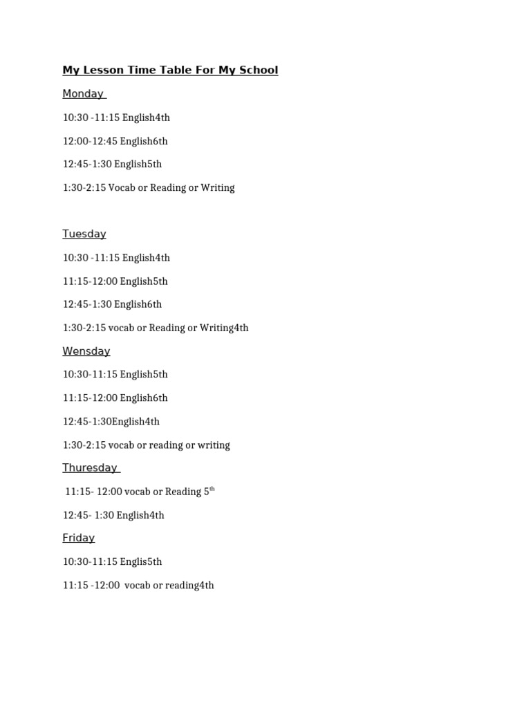 My Lesson Time Table For My School | PDF