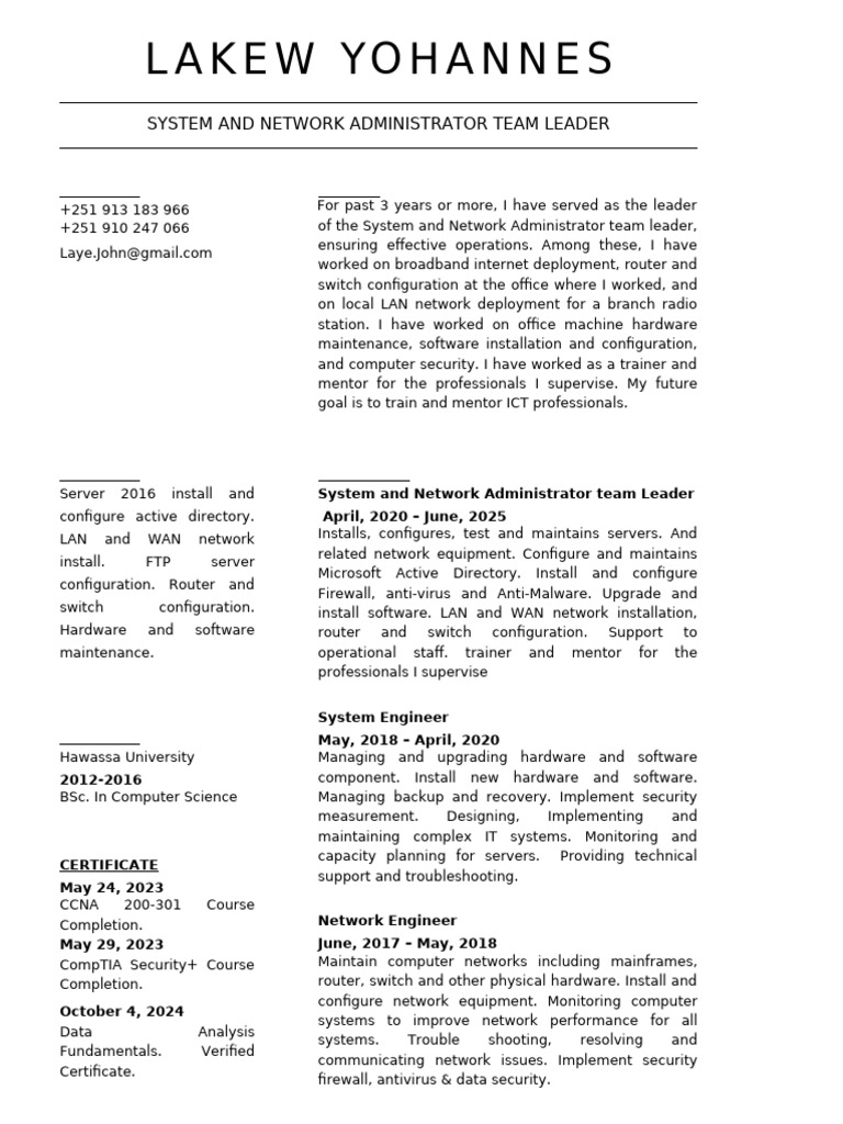 System and Network Admin Leader Profile | PDF | Computer Network ...