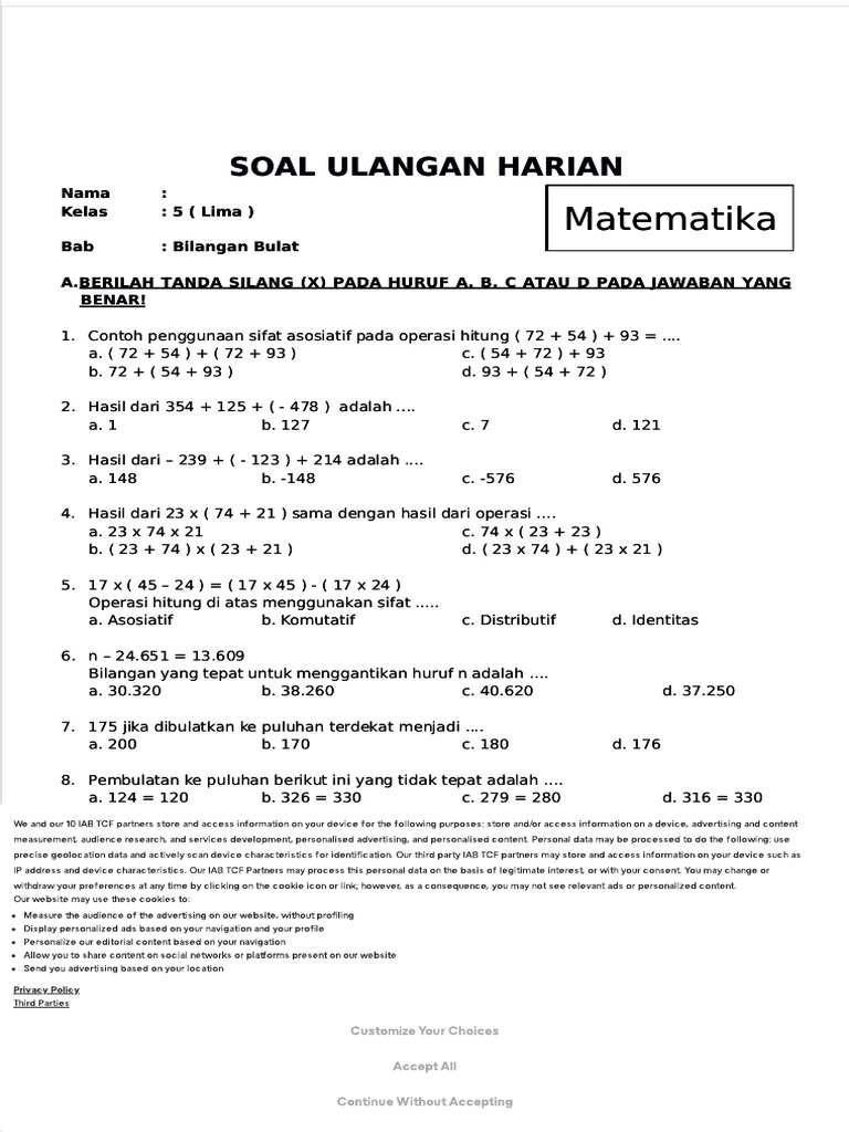 PDF Soal Matematika Kelas 5 Sd Bab 1 Bilangan Bulat Dan Kunci Jawaban ...