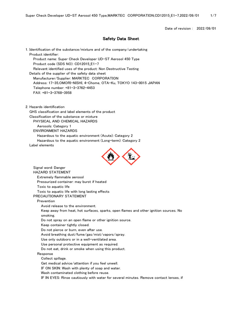 Super Check Developer UD-ST Aerosol SDS | PDF | Working Conditions ...