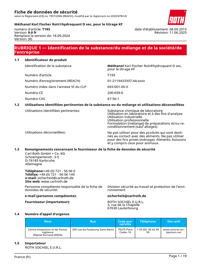 Fiche de sécurité du méthanol T193 | PDF | Déchets | Substances chimiques