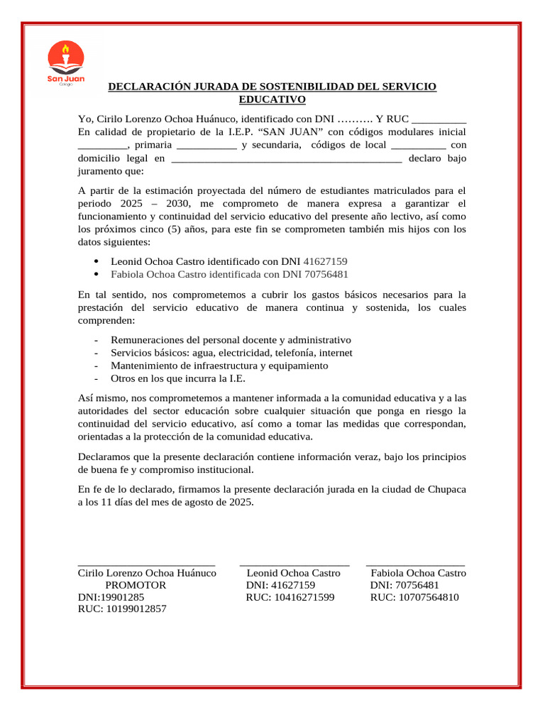 Declaración Jurada de Sostenibilidad Del Servicio Educativo | PDF
