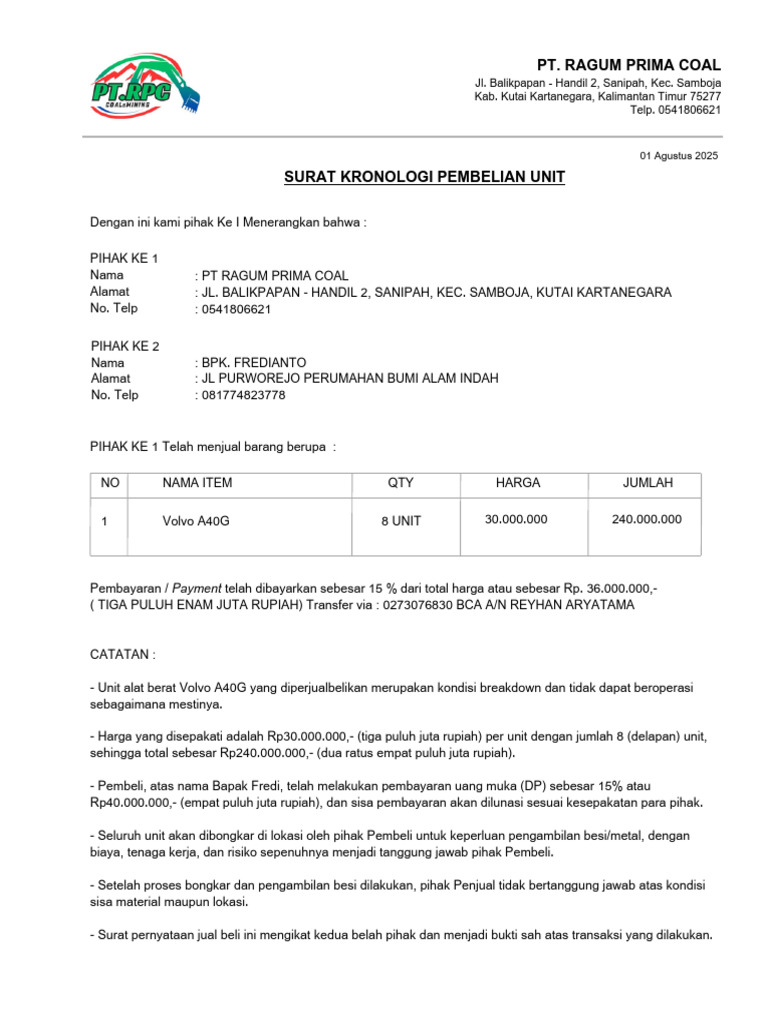Nota Jual Beli Alat Berat Volvo A40G | PDF