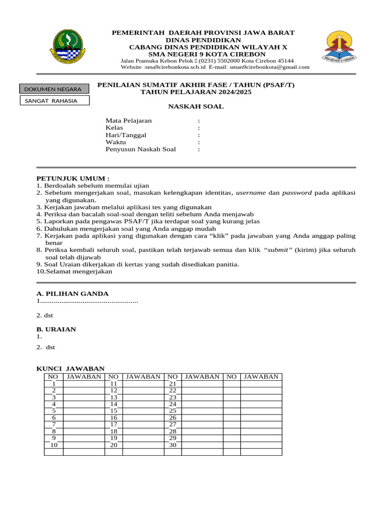 Naskah Soal PSAF/T SMA Negeri 9 Cirebon | PDF