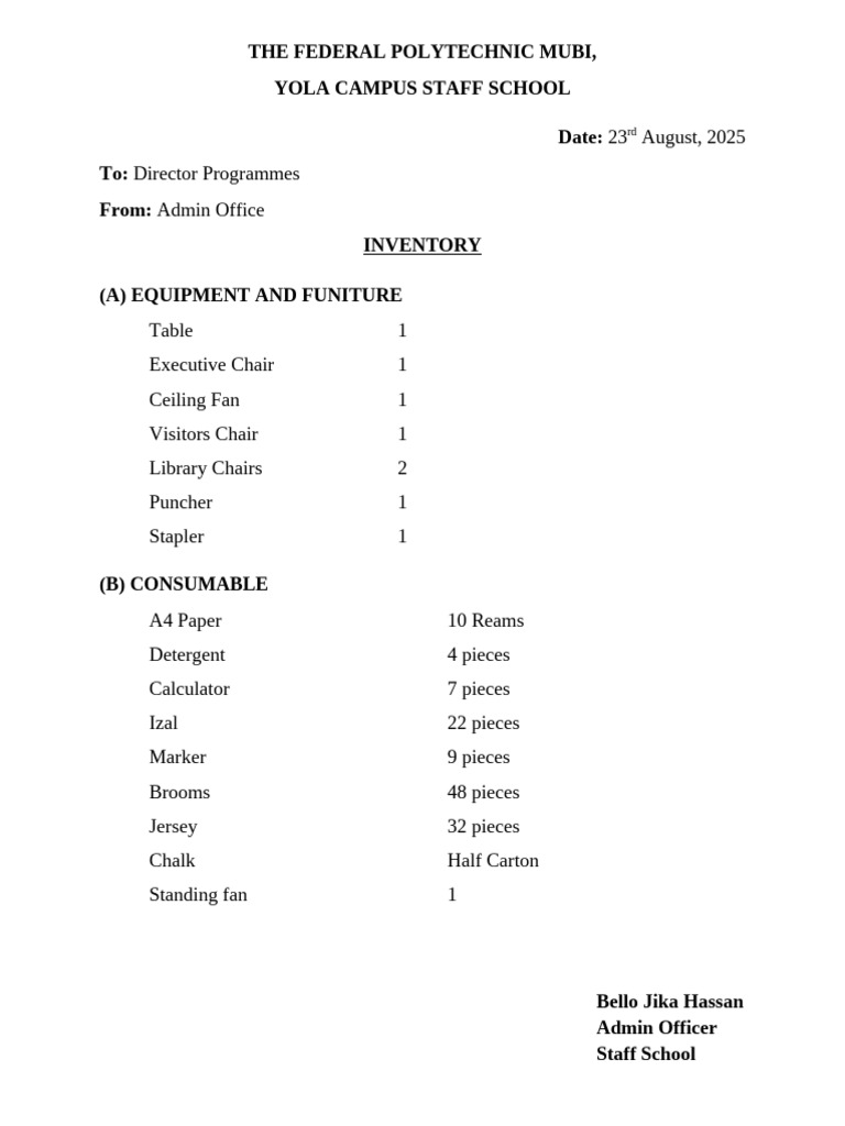 Staff School Inventory List 2025 | PDF