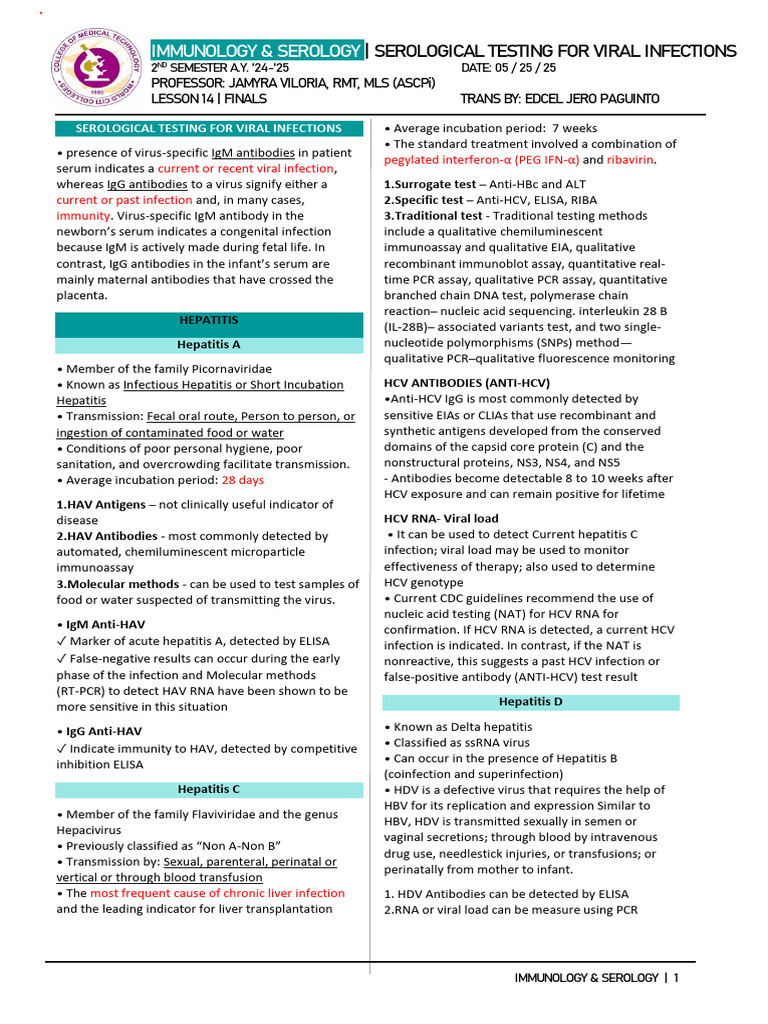 IMSE L14 Serological Testing For Viral Infections1 | PDF | Hepatitis B ...