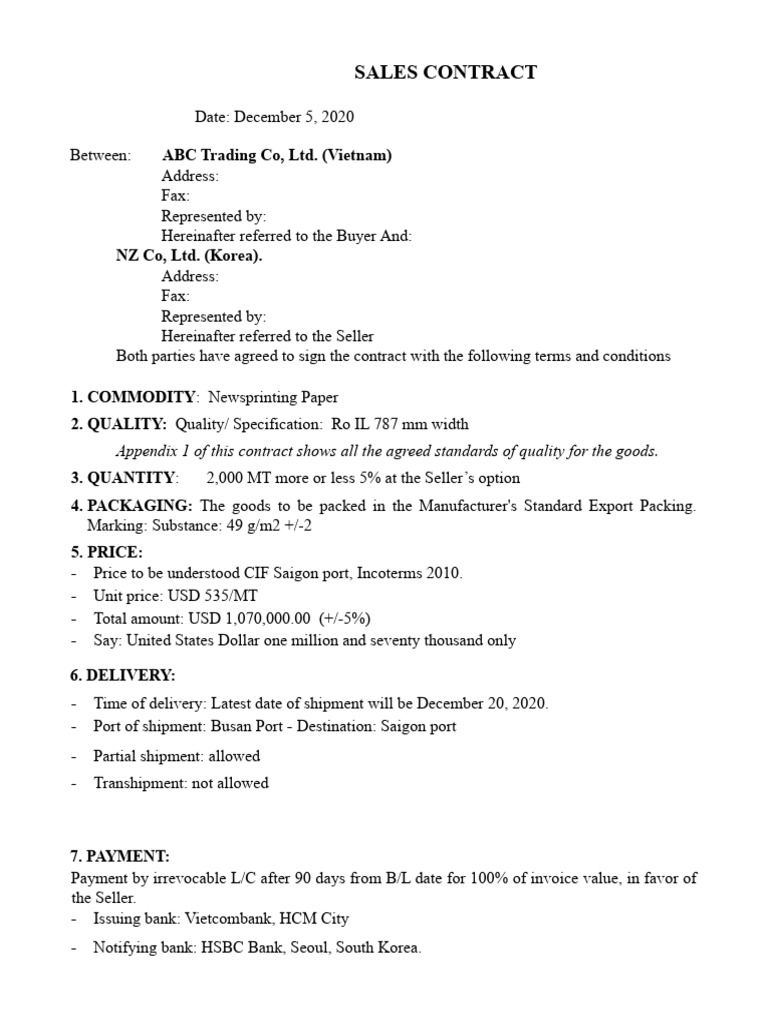 Sales Contract: ABC Trading Co, Ltd. (Vietnam) | PDF