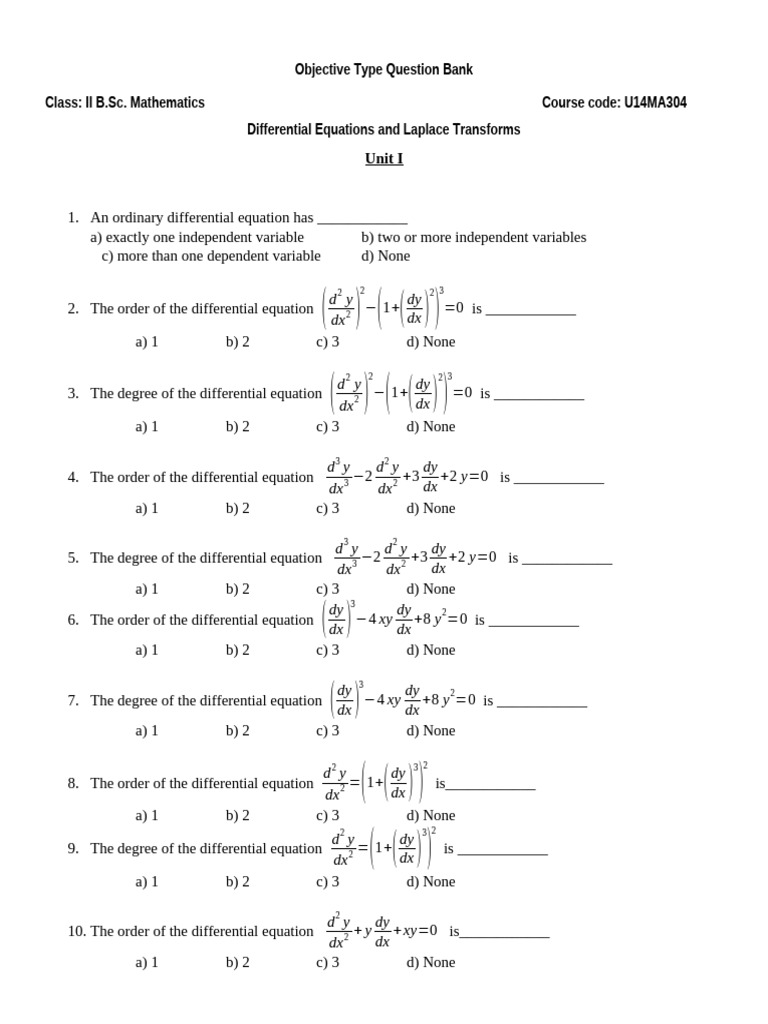 Differential Equations Question Bank | PDF | Ordinary Differential ...